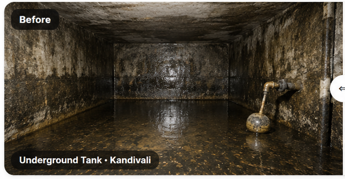 Dirty underground water tank before cleaning in Kandivali