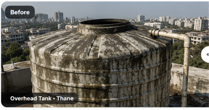 Dirty overhead water tank before cleaning in Thane