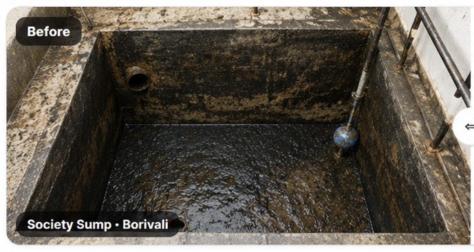 Dirty society sump before cleaning in Borivali